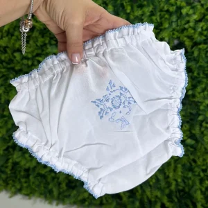 Calcinha Cambraia Bordado Manual Azul