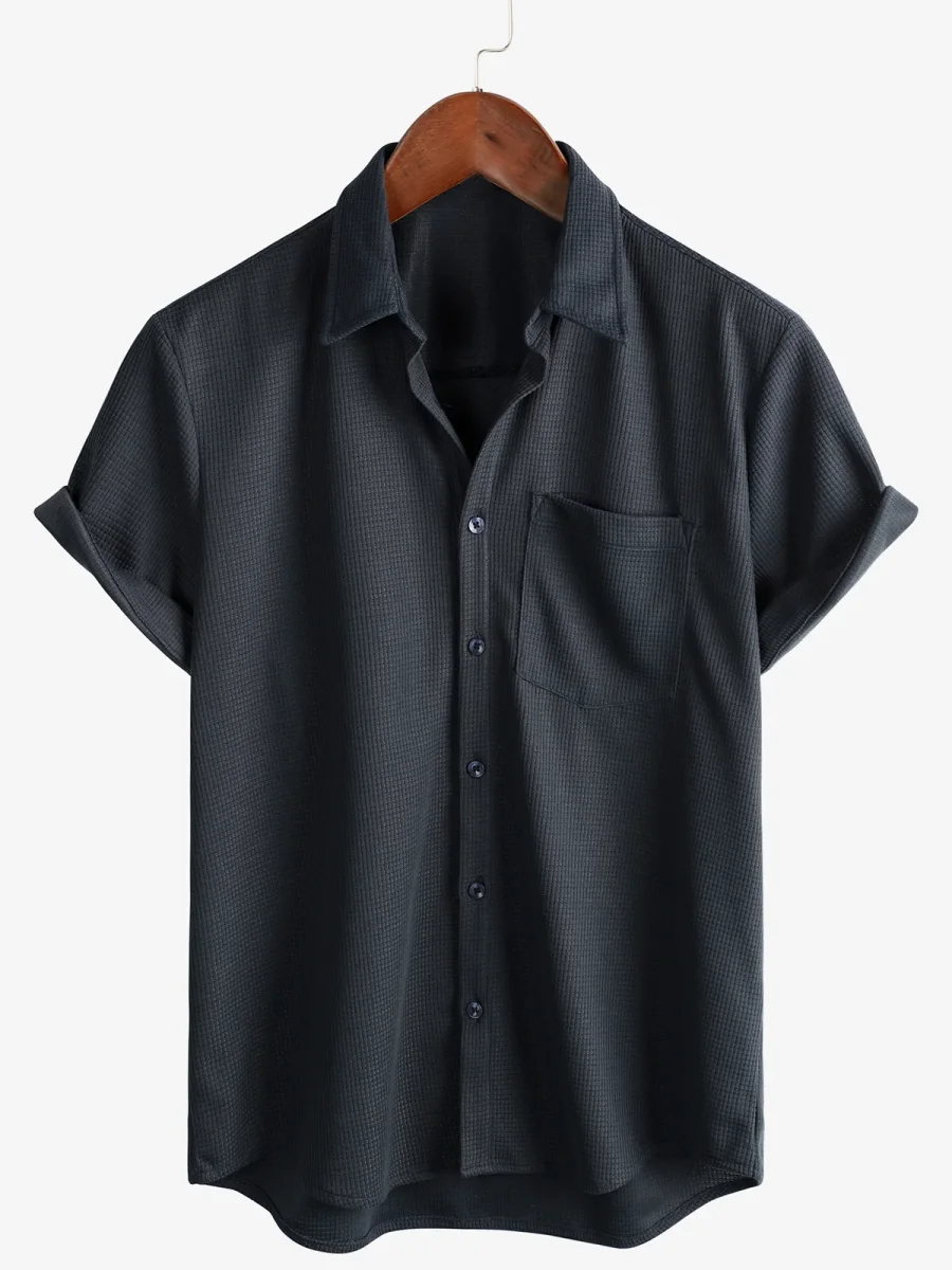 Abotoado | Camisa de Algodão de Verão de Manga Curta de Colarinho para Homem, Estilo Casual, Ajuste Solto, Praia