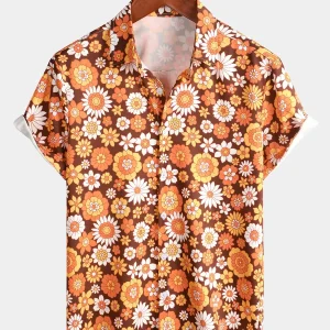 Camisa de Algodão de Verão de Manga Curta para Homem com Estampado Floral Vintage dos Anos 70, Festa Disco