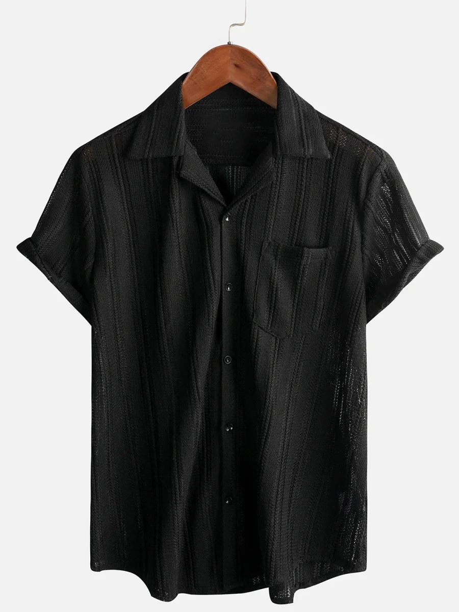 Camisa de Algodão de Praia Casual de Manga Curta com Renda para Homem