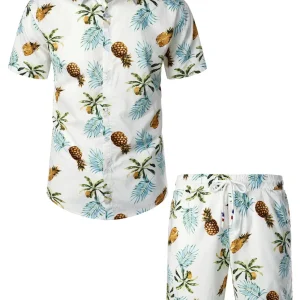 Conjunto de Camisa de Algodão e Calções Hawaianos com Estampado de Ananás para Homem