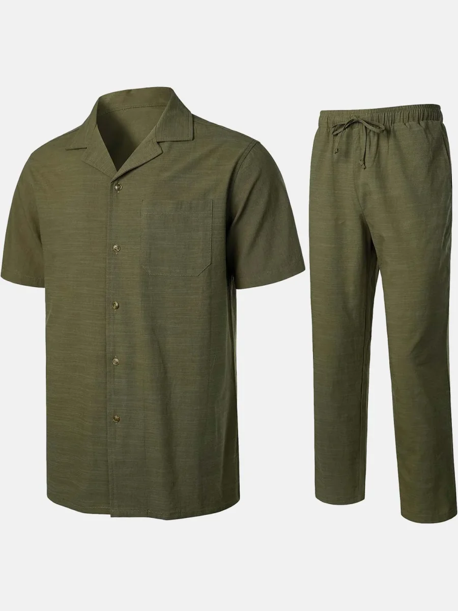 Conjunto de Camisa de Algodão e Calças Guayabera Cubana Casual de Verão para Homem - Image 8
