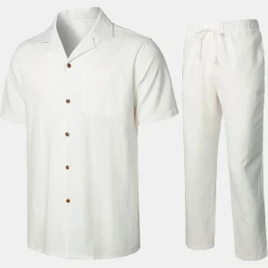 Conjunto de Camisa de Algodão e Calças Guayabera Cubana Casual de Verão para Homem