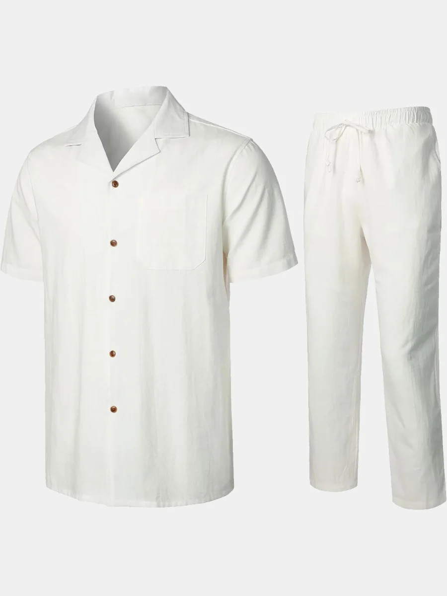 Conjunto de Camisa de Algodão e Calças Guayabera Cubana Casual de Verão para Homem