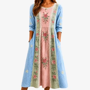 Adélia Cristina | Vestido Vintage de Patchwork com Bolsos Jardim de Rosas