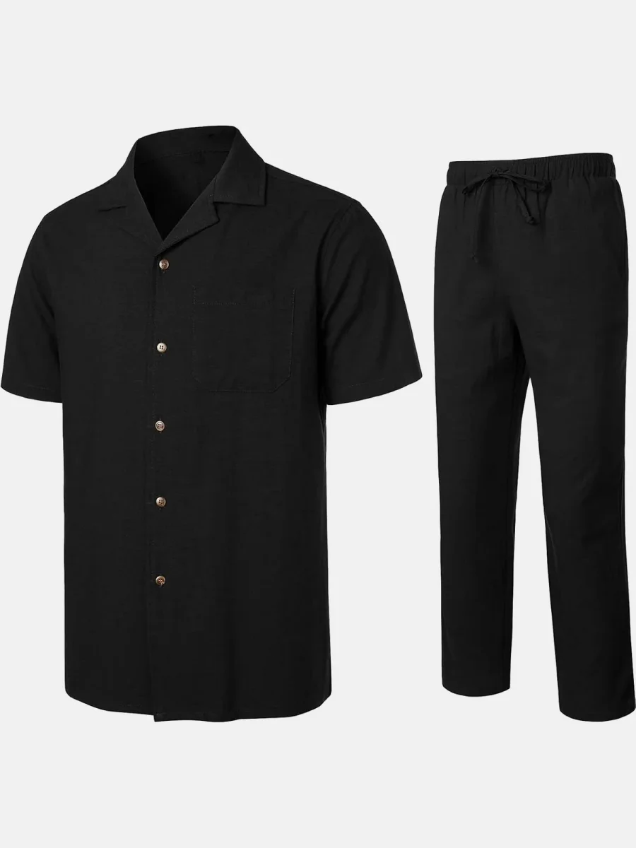 Conjunto de Camisa de Algodão e Calças Guayabera Cubana Casual de Verão para Homem - Image 9