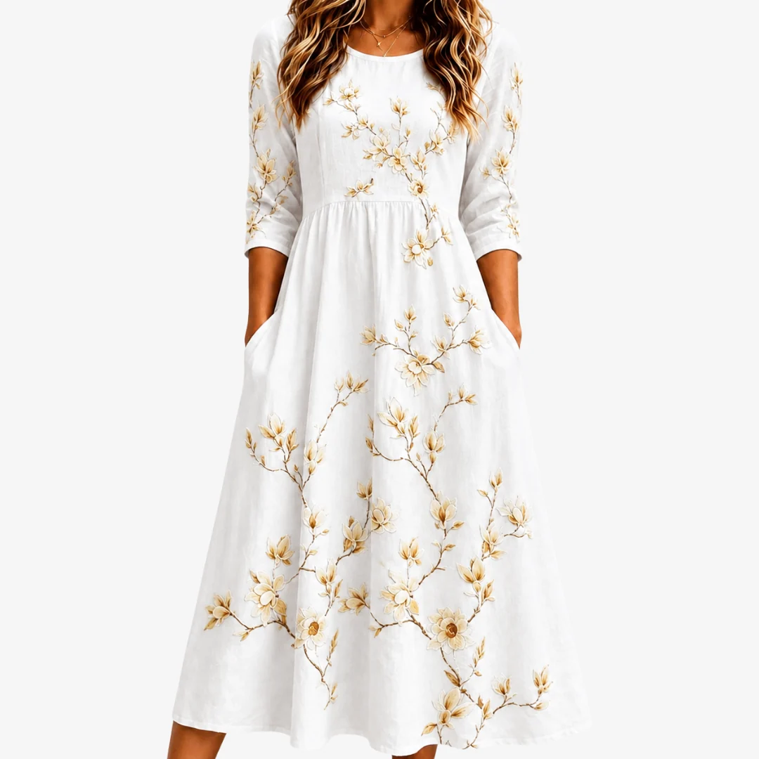 Adélia Fernanda | Vestido Midi com Bolso Flor de Marfim