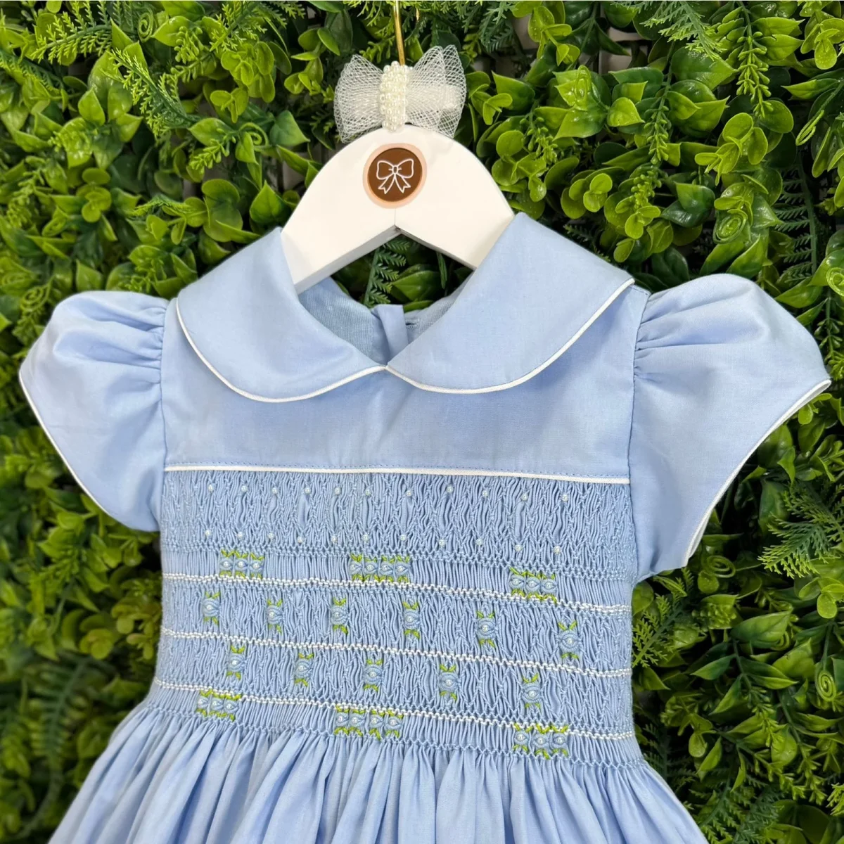 Vestido Ponto Smock Azul Bordado Rococó - Image 4
