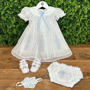 Vestido Batizado Renda Paraibana Bordado Manual Azul com Calcinha
