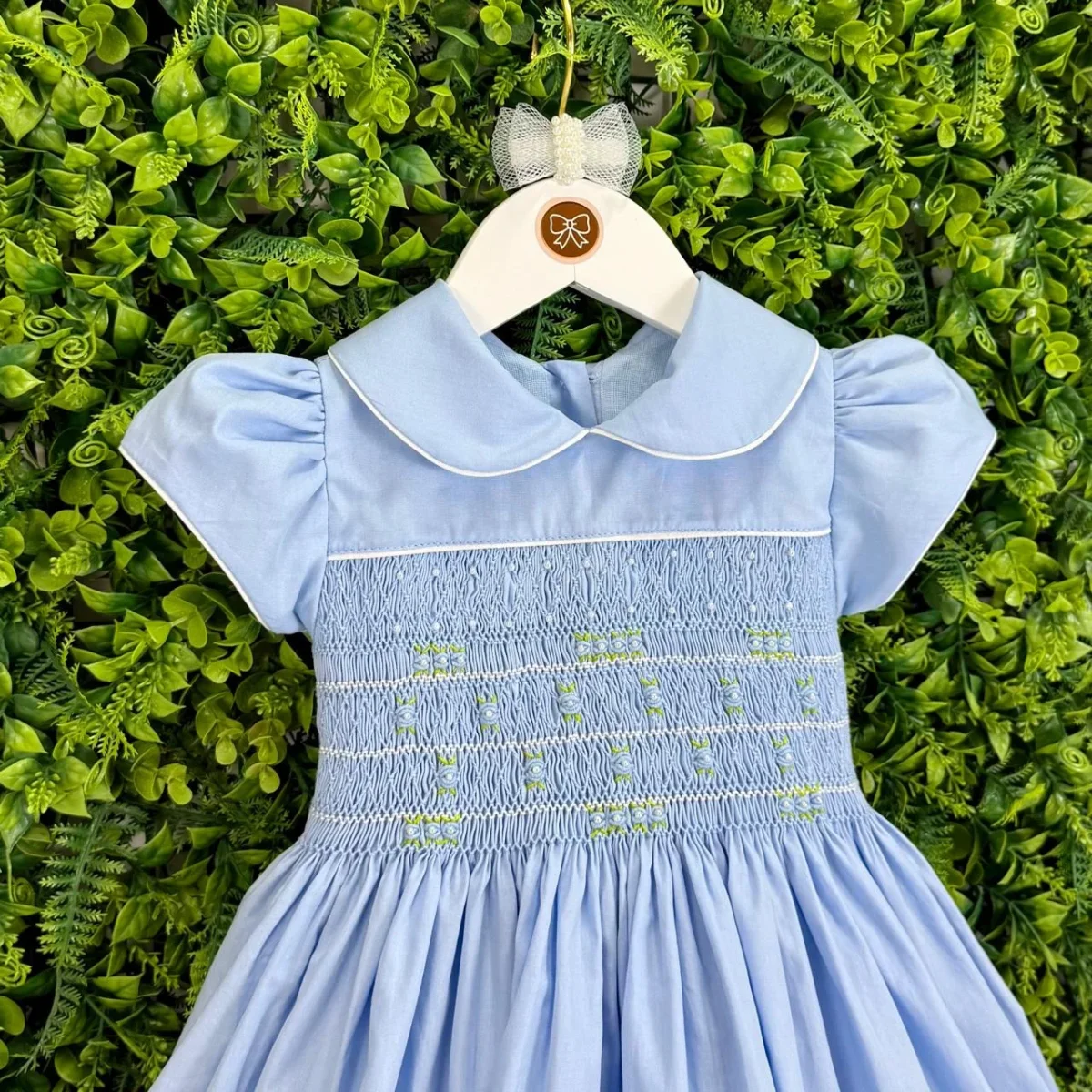 Vestido Ponto Smock Azul Bordado Rococó - Image 3