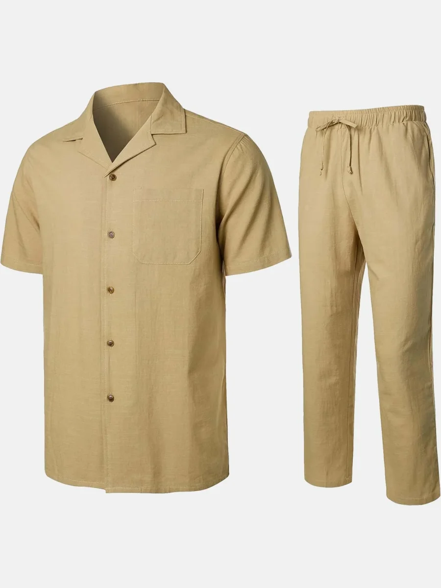 Conjunto de Camisa de Algodão e Calças Guayabera Cubana Casual de Verão para Homem - Image 7