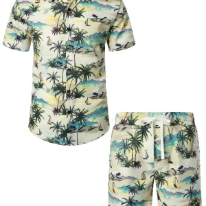 Conjunto de Camisa de Algodão e Calções de Verão Casuais Havai para Homem com Palma Beje