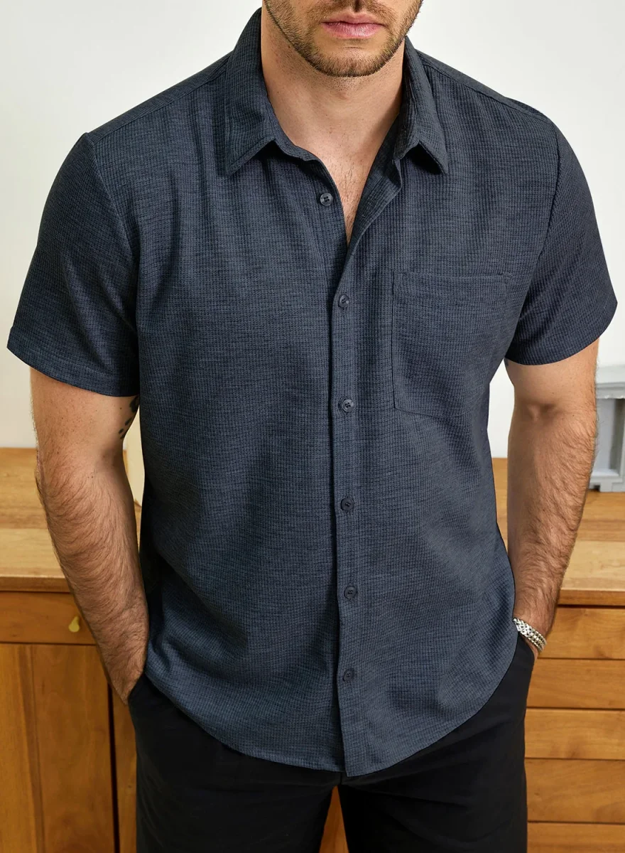 Abotoado | Camisa de Algodão de Verão de Manga Curta de Colarinho para Homem, Estilo Casual, Ajuste Solto, Praia - Image 4
