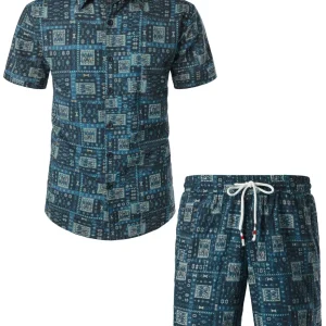 Conjunto de Camisa de Algodão e Calções a Condizer Boho Vintage para Homem