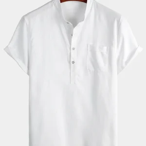 Naxos | Camisa de Algodão de Homem de Cor Sólida com Colarinho Alto e Meio Botão, com Bolso Frontal