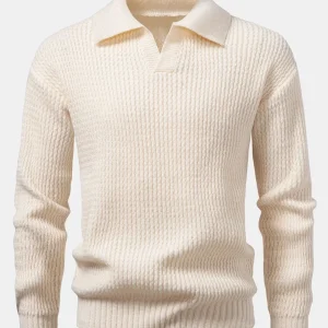 Benagil | Camisa Polo de Malha Jacquard com Padrão de Ondas de Manga Longa