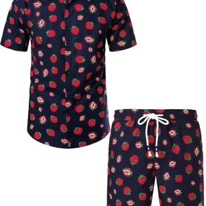 Conjunto de Camisa Havaiana de Algodão e Calções com Estampado de Morangos para Homem