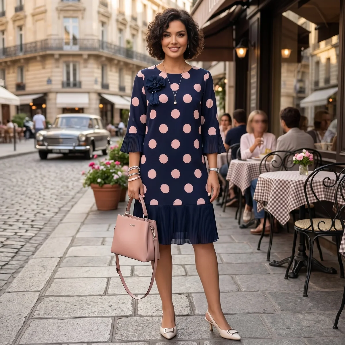 Clotilde | Vestido Azul Marinho às Bolinhas com Detalhe de Folhos - Image 6