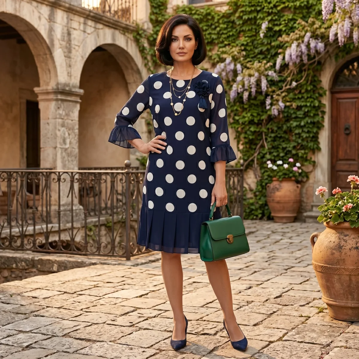 Clotilde | Vestido Azul Marinho às Bolinhas com Detalhe de Folhos - Image 7