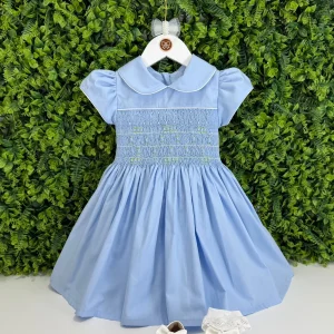 Vestido Ponto Smock Azul Bordado Rococó