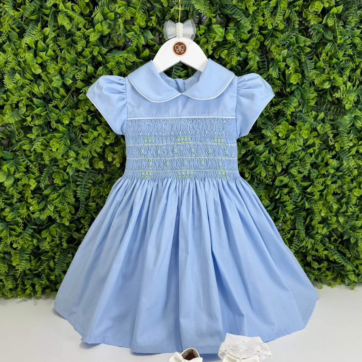 Vestido Ponto Smock Azul Bordado Rococó - Image 2