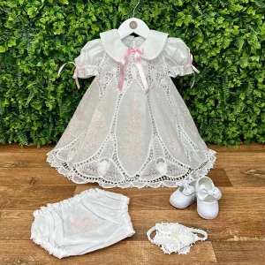 Vestido Renda Renascença Lágrima Bordado Rosa