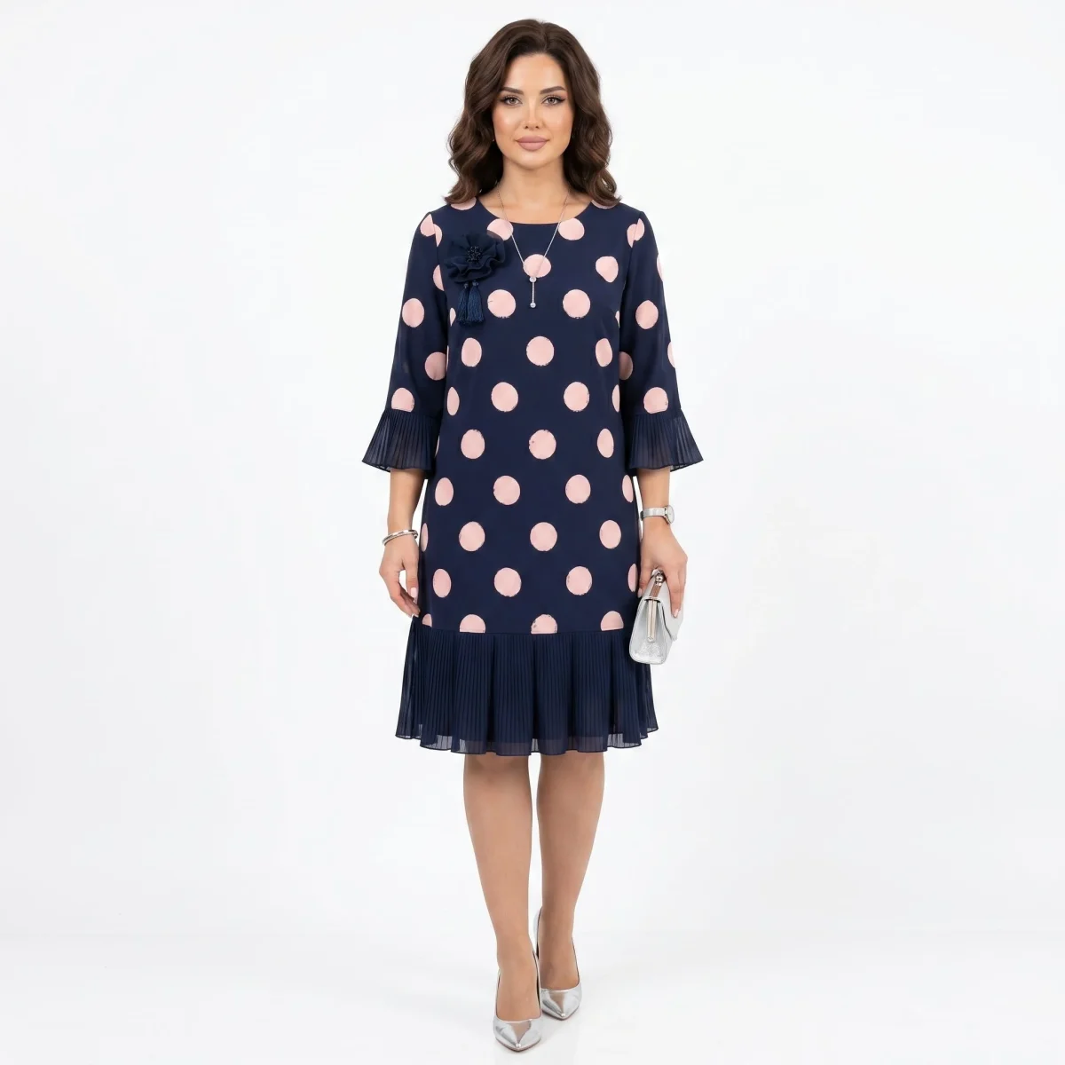 Clotilde | Vestido Azul Marinho às Bolinhas com Detalhe de Folhos - Image 2