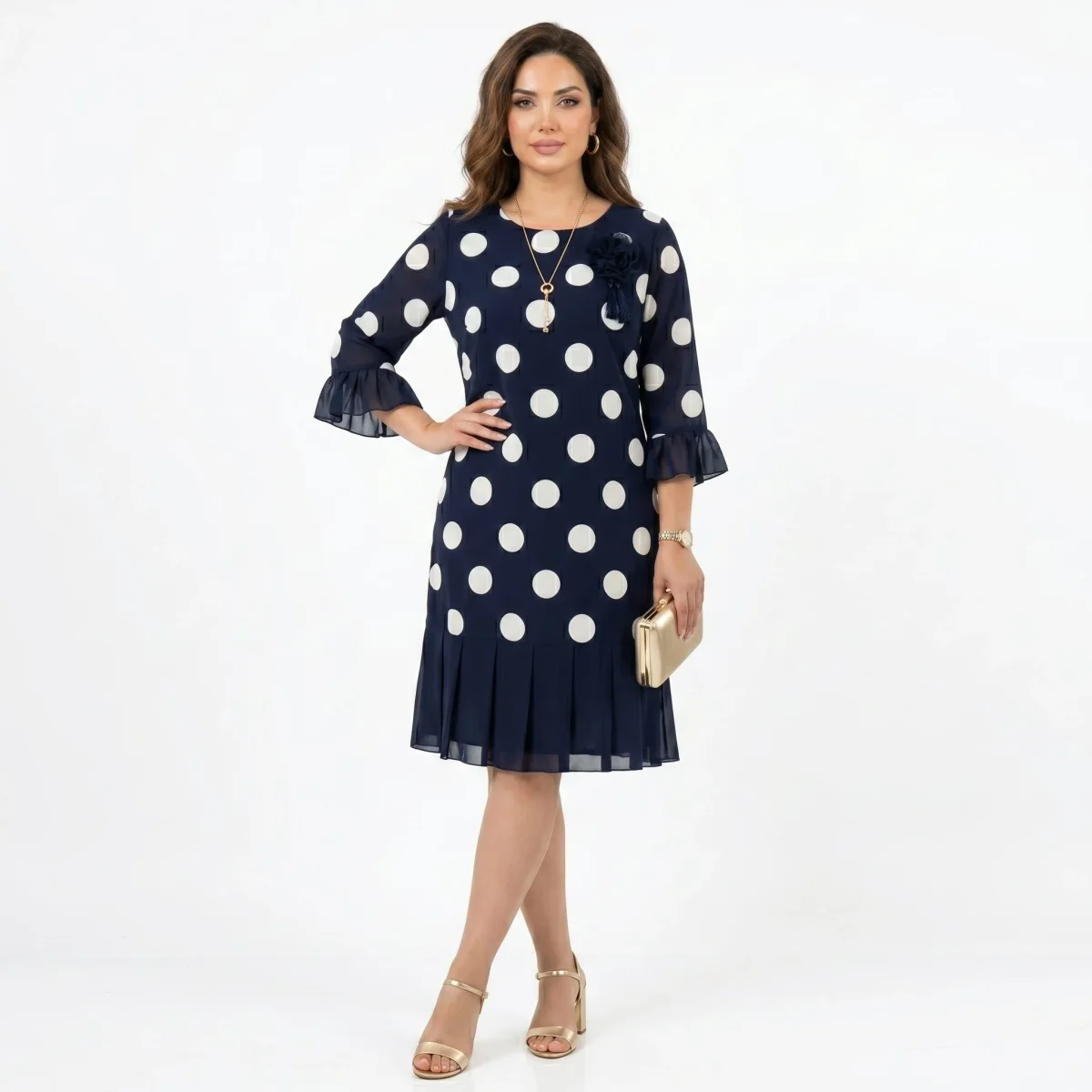 Clotilde | Vestido Azul Marinho às Bolinhas com Detalhe de Folhos - Image 3